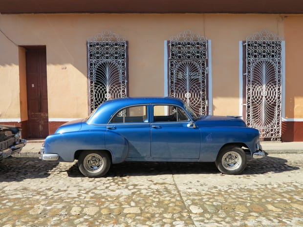 Old blue car on the street in Trinidad. 