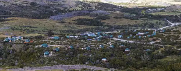 View of the domes at EcoCamp lined around the hillside at Patagonia.