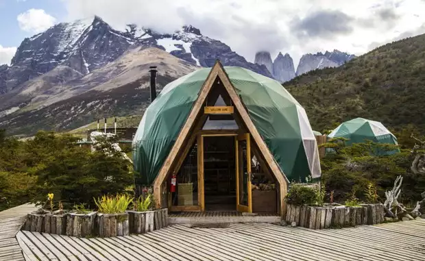 Front of a dome to the lobby at the EcoCamp Domes nestled on the hillside of Patagonia in Torres del Paine.