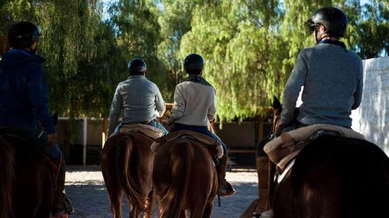 4 Explora Atacama travelers in black helmets ride horses from the property's stables amongst green trees on a sunny day.
