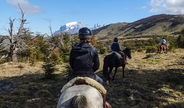 Travelers in Patagonia on horse back riding through the hillsides in Torres del Paine National Park.