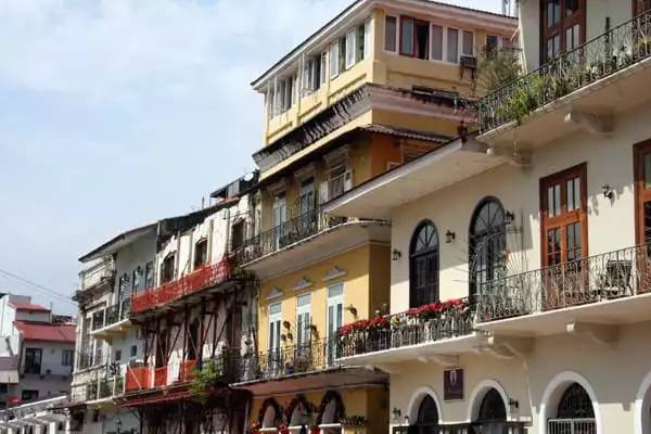 Colorful colonial buildings in old town Panama.