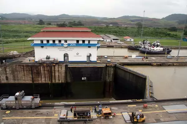Miraflores Locks seen from a small ship going through the Panama Canal. 