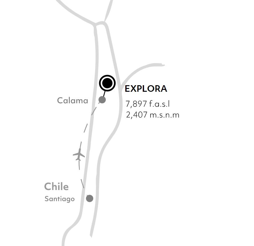 Map showing where Explora Atacama Lodge sits near the Calama airport, north of Santiago in northern Chile.