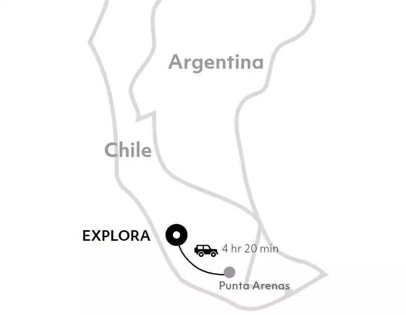 Map showing where Explora Torres del Paine Lodge sits near Punta Arenas in southern Chile.