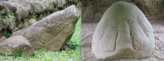 Mayan stone carved  head of a crocodile and stone carving