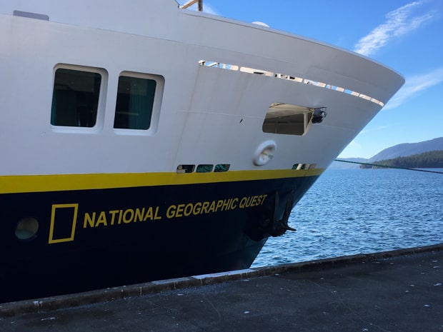 Bow close-up of National Geographic Quest small ship at the dock in Juneau Alaska