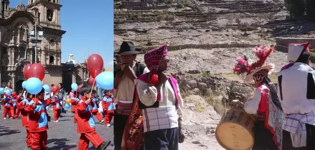 Small children in red and blue costumes holding red and blue balloons marching in front of a cathedral and 4 traditionally dressed men playing intruments next to a rock wall.