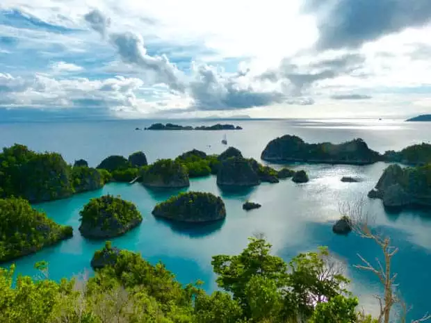 View from a hike in Raja Ampat with a small ship in the distance. 