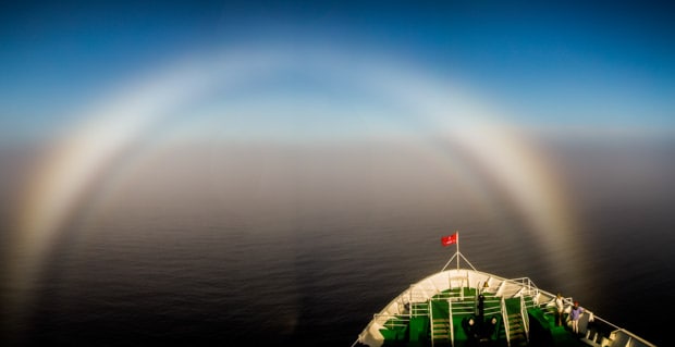 Overlooking the bow of a small ship