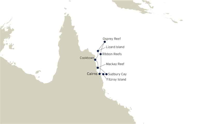 Route map of Outerknown Adventures on the Great Barrier Reef Cruises, operating round-trip from Cairns, Australia.