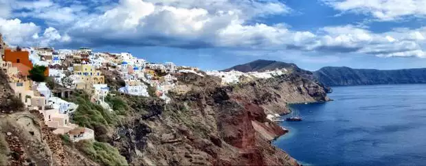 View of Oia and Santorini from a small ship cruise excursion in Greece.