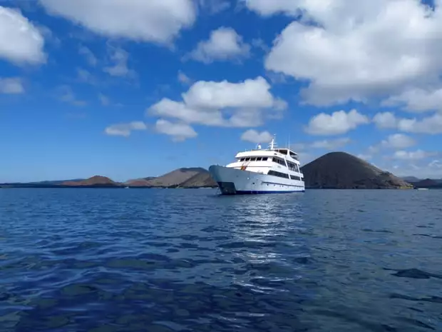 The Sea Star small ship cruise anchored off the coast of the Galapagos islands.