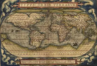 An old world map titled TYPVS ORBIS TERRARVM with a very large depiction of Antarctica.