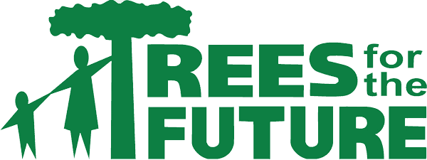 Trees for the Future logo with graphic of kid and adult reaching for a tree.