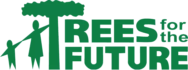 Trees for the Future logo with graphic of kid and adult reaching for a tree.
