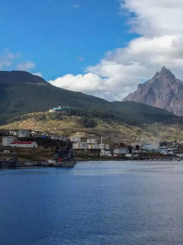 View from the balcony of a small ship in port before disembarking Ushuaia Argentina. 