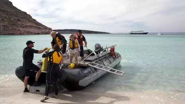 people getting off of a zodiac on shore in baja