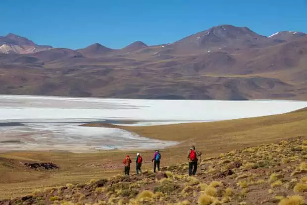 A group of hikers walking down a hill into the salt flats of the Atacama desert with hills behind.