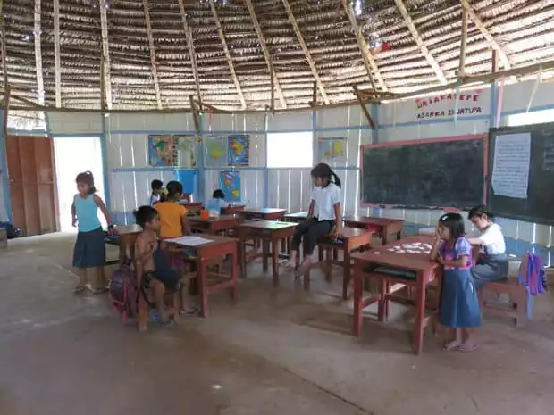 Children in a classroom in the Peruvian Amazon jungle. 