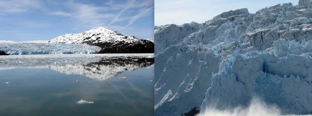 A landscape and up close view of a glacier in Alaska. 