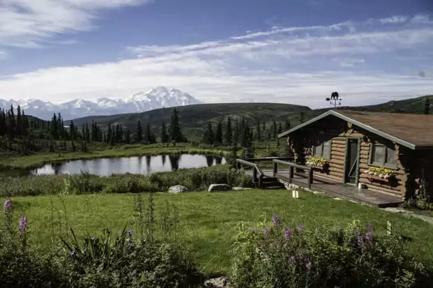 A cabin at a wilderness lodge in Denali National Park seen by a small pond with green grass. 