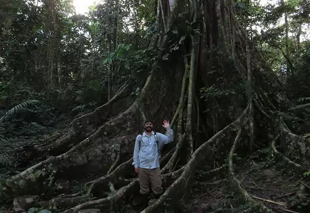 solo traveler standing in front of a tree's root system waving in the amazon