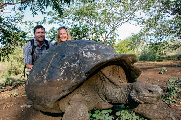 Happy couple behind giant tortoise on Galapagos land tour.