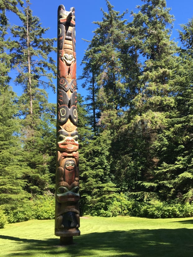 Totem pole seen from a small cruise ship tour in Alaska.