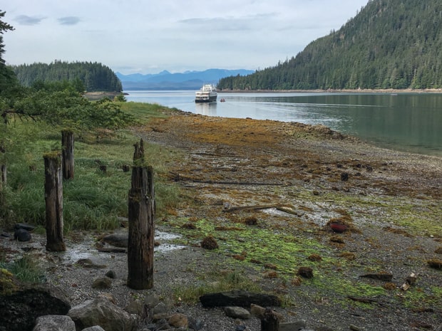 Small ship cruising through the Islands around Alaska. 