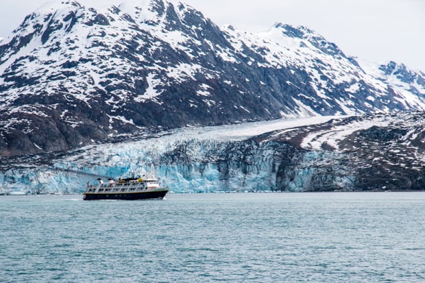Alaskan small ship cruise in front of a tidewater glacier in Glacier Bay.
