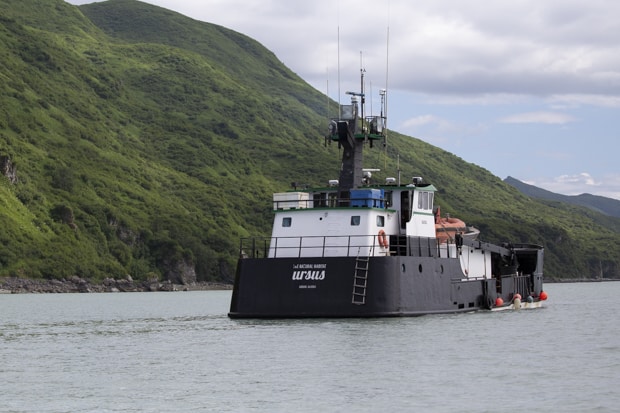 Exterior of the Ursus small expedition ship cruising through Katmai Alaska.