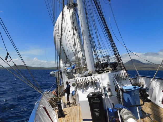 S/S Mary Anne under wind power in the ocean off the Galapagos Islands.