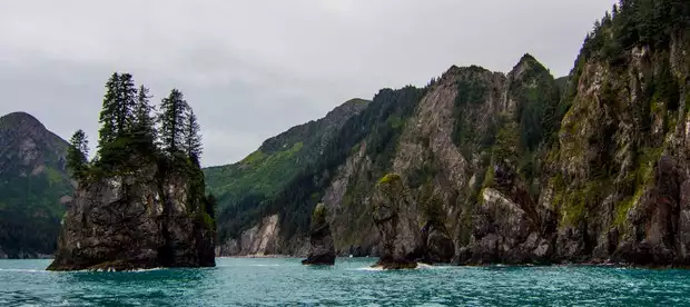 Rock formations in the water on the way to a wilderness lodge in Kenai fjords ALaska. 