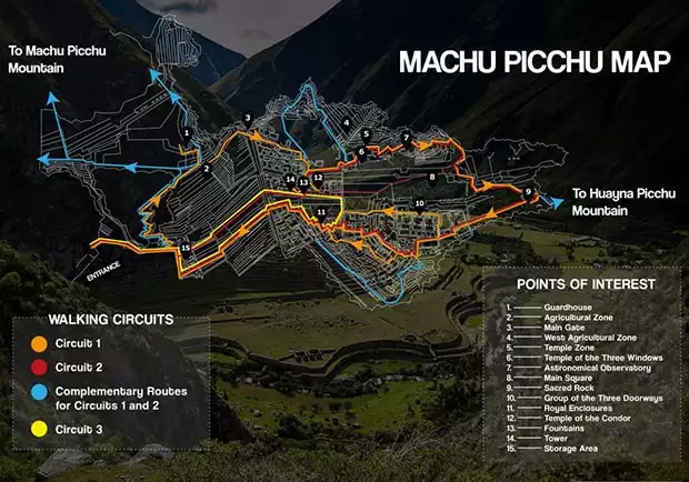 Map of Machu Picchu with 3 different walking circuit routes and points of interest