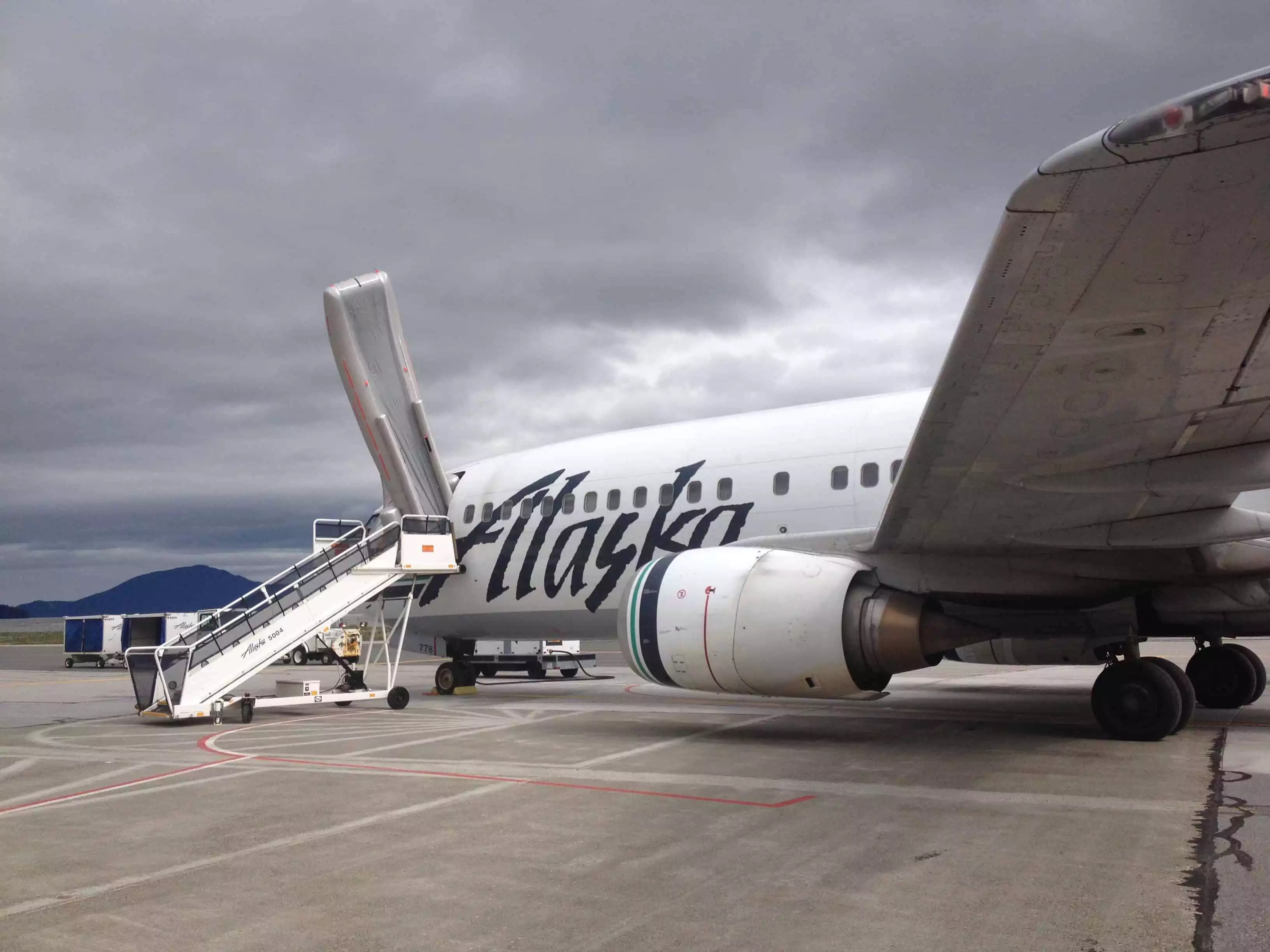 Alaska Airlines plane on runway. 