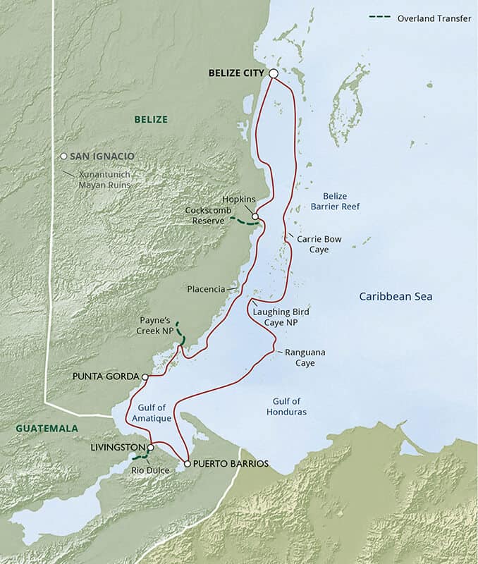Route map of Belize & Guatemala Wonders—Rivers, Reefs & Cultures small ship cruise, operating round-trip from Belize City with visits to the Belize Barrier Reef., Payne's Creek National Park, Punta Gorda, Cockscomb Basin Wildlife Sanctuary, Carrie Bow Caye, and Guatemala destinations including Rio Dulce and Livingston.