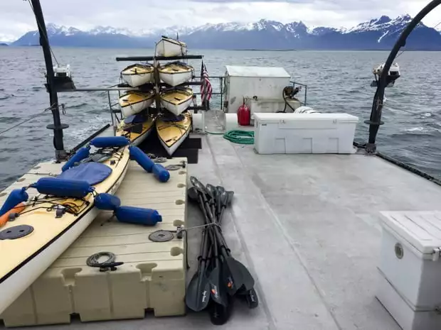 Kayaks and paddles stored aboard the small ship Sea Wolf in ALaska. 