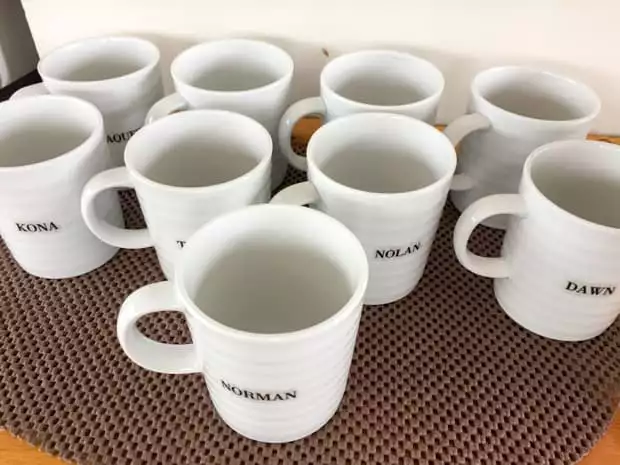Personalized mugs for the guests aboard the small ship Sea Wolf cruise in Alaska .