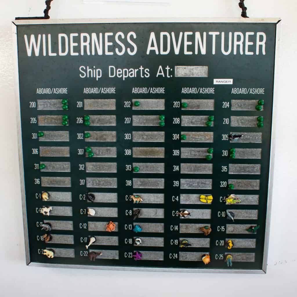 A magnetic board with cabin number magnets on the Wilderness Adventurer used to with our room number to alert the staff if guests were aboard or on shore. 