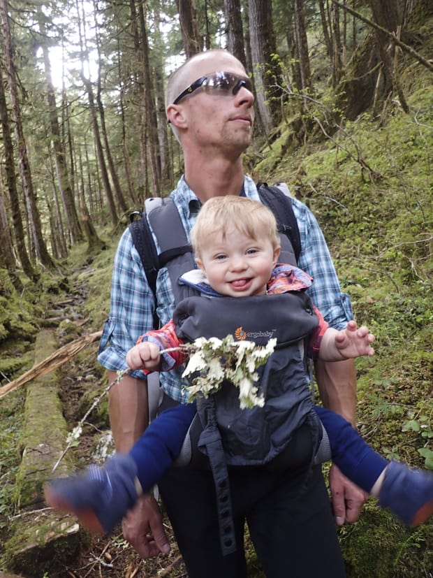 A family hiking on an excursion from a small ship tour in Alaska. 