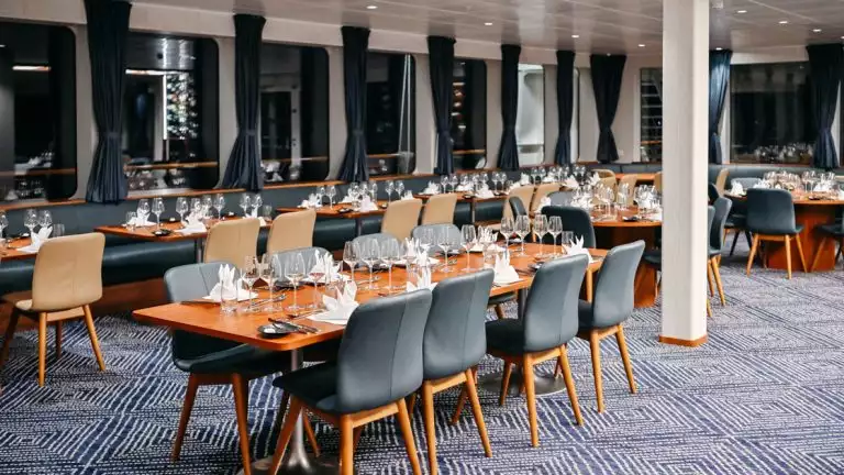Dining is comfortable and stylish affair when it comes to meal time aboard the Coral Geographer off the coast of Australia