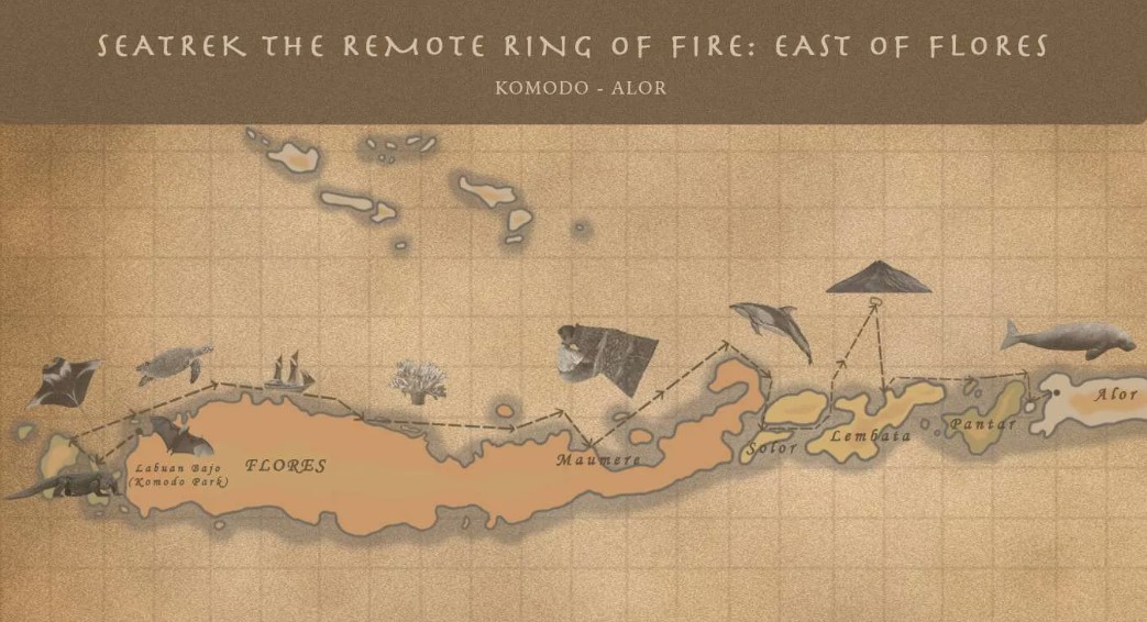 A sepia toned cruise map showing the path of a ship sailing the Ring of Fire from Komodo to Alor Indonesia
