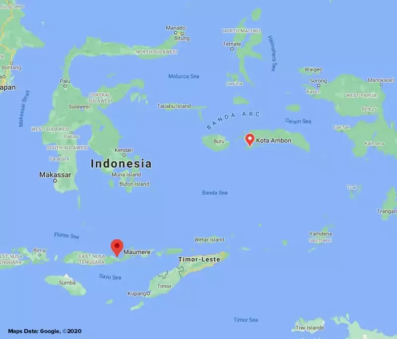 Route map of East Indies Spice Exploration Indonesia small ship cruise, operating between Maumere & Ambon, through the Banda Sea.