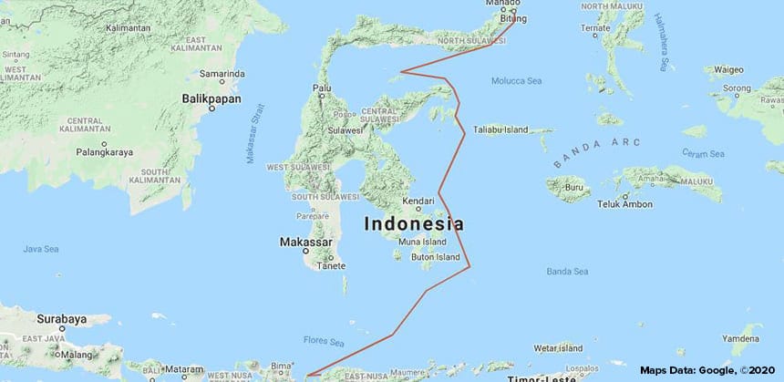 Route map of Corals, Cultures & Dragons Indonesia small ship cruise, operating between Bitung & Flores, through the Molucca & Banda Seas, including a visit to Komodo National Park.