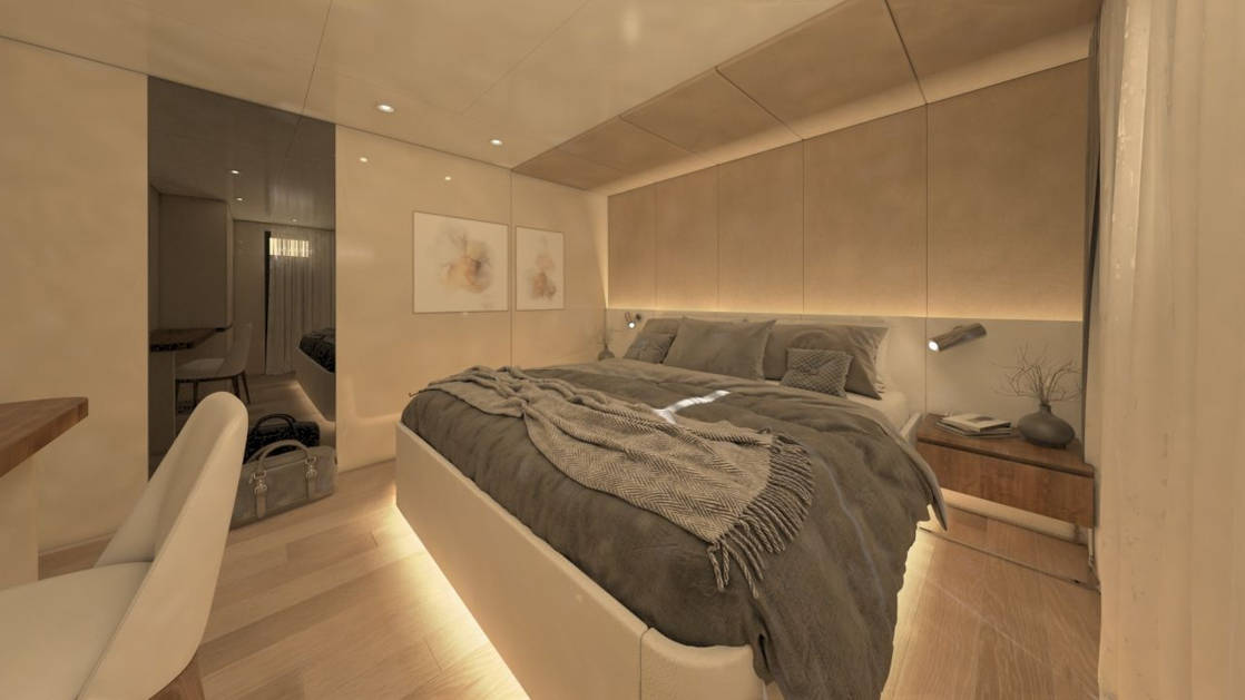 Rendering of deluxe Mediterranean yacht Adriatic Sky, showing cabin with underlit double bed, desk and chair, plush gray bedding & tan accents.