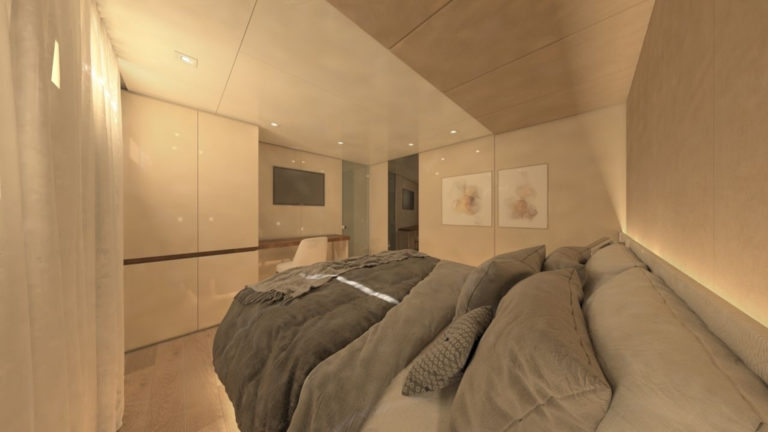 Rendering of deluxe Mediterranean yacht Adriatic Sky, showing cabin from double bed's view with closet, desk, chair, artwork on wall & doorway into second section of the cabin.