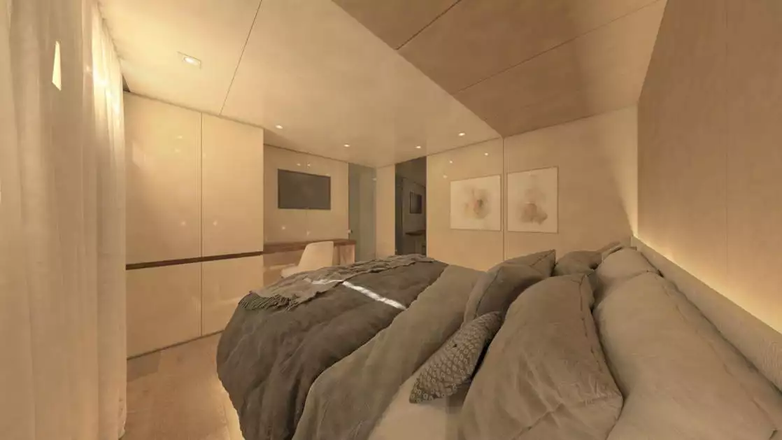Rendering of deluxe Mediterranean yacht Adriatic Sky, showing cabin from double bed's view with closet, desk, chair, artwork on wall & doorway into second section of the cabin.