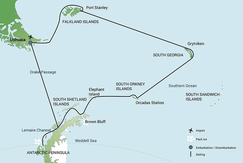 Route map of South Georgia & Polar Circle Wildlife Cruise in Antarctica, including visits to the Falklands, South Orkney Islands, Elephant Island & the Peninsula.