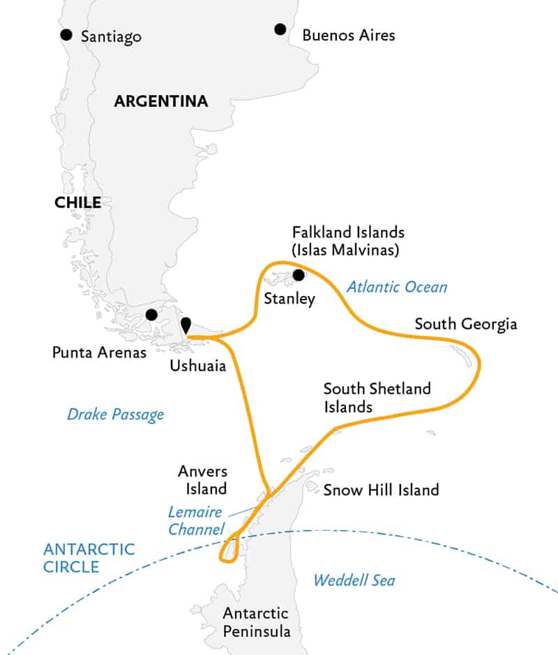 Route map of Epic Antarctica 23-day voyage, operating round-trip from Ushuaia, Argentina, with visits to the Falkland Islands, South Georgia, the Peninsula & the Antarctic Circle.